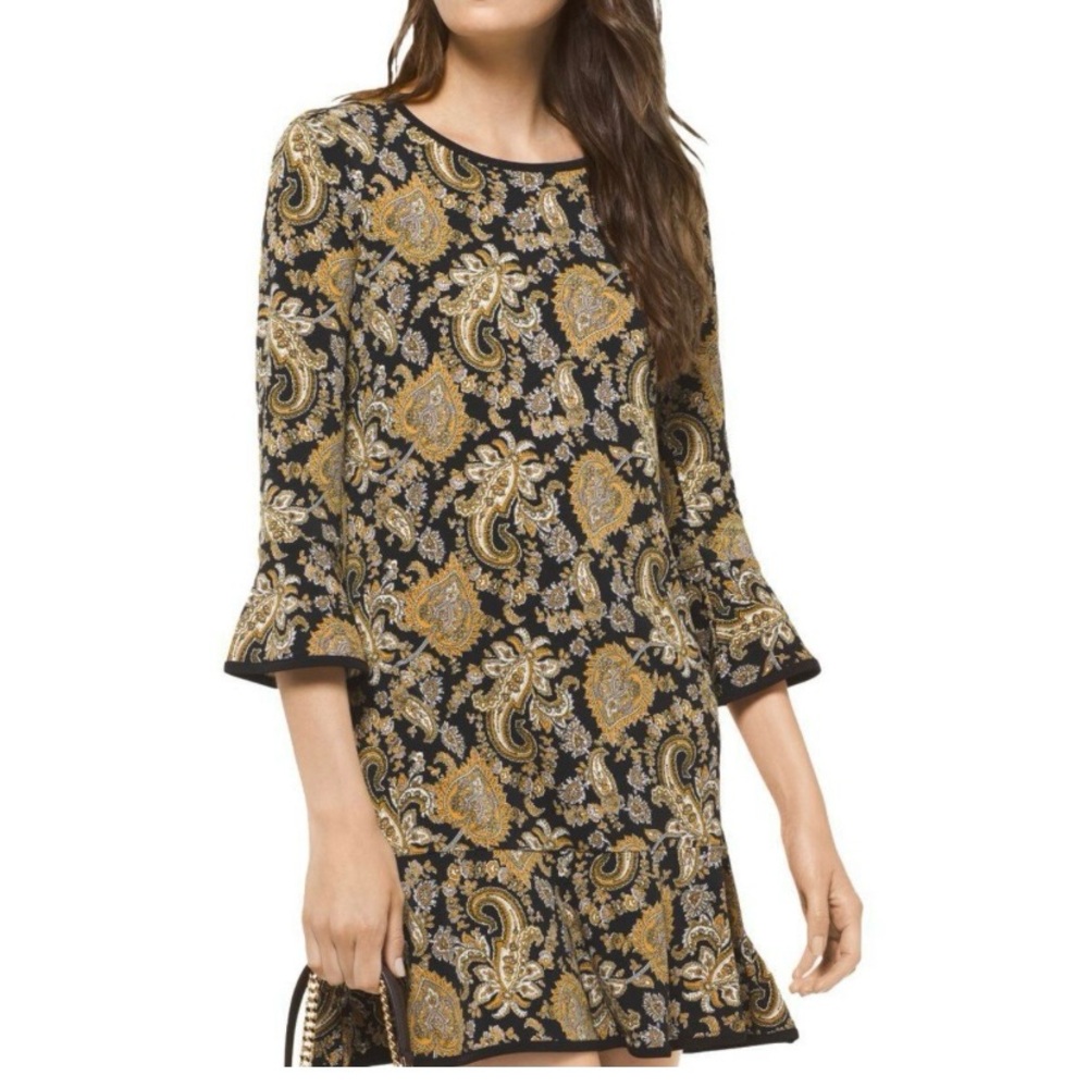 MICHAEL Michael Kors Black Yellow Paisley Print Shift Dress Size L Long Sleeve